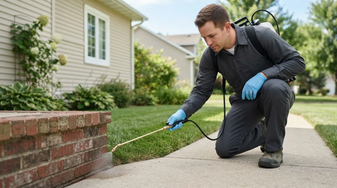 Pest control technician treating a home near Mcintosh, MN